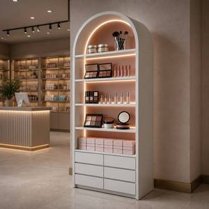 Vitrine Murale LED Courbée pour Cosmétiques, Finition Or Blanc, Étagère à Produits de Beauté avec Tiroir, Présentoir de Magasin pour Soins de <span class=keywords><strong>la</strong></span> Peau et Maquillage - Product Image 5