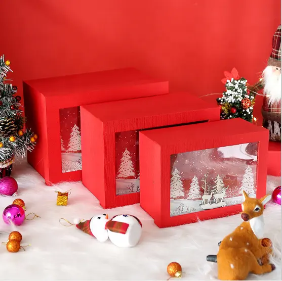 Tiktok-Caja de regalo cuadrada, árbol de ciervos de Navidad, tallado de madera, cartón, papel cosmético, embalaje, decoración de Navidad, venta al por mayor