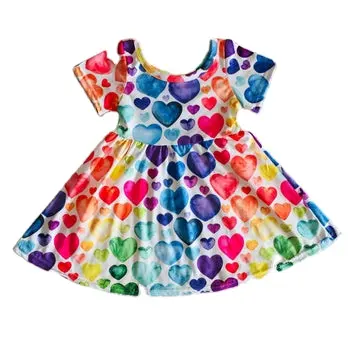 Wholesale Baby Girls Short Sleeve Spring Valentine's Day Hearts Printed Fabric Kids Children Boutique Twirl Dresses