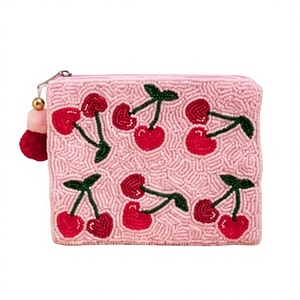 <b>Pink</b> Crochet Cherry Pattern Coin <b>Purse</b> Handmade Zipper Closure Cute Mini Daily Use Female Style - Product Image 1