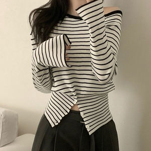 Top de punto a rayas de un solo hombro con manga larga, cintura ajustada, estampado digital, corte ajustado, casual, versátil, básico, para otoño. - Product Image 4