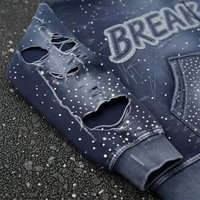 Sweat à capuche streetwear personnalisé pour homme, avec strass, broderie, coupe ample, grammage lourd, effet vintage délavé à l'acide et appliqué vieilli