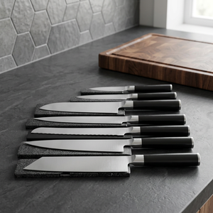 Ensemble de couteaux de chef en acier inoxydable poli fait main, manches en plastique, lames à bord droit, pour droitier, sept pièces, acier Damas - Product Image 3