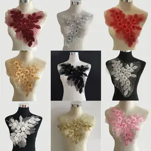 Applique de dentelle de broderie de fleurs perlées 3D en gros