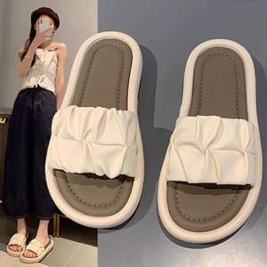 2026 New Summer Women's Outdoor <b>Slippers</b> Fairy Style Ruched Sof Bottom Thick Soled Beach Shoes One Strap Slides For Seaside - Product Image 1