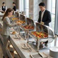Plat à chafing professionnel chauffé à l'alcool en acier inoxydable 201, ensemble de buffet avec couvercle roulant et supports à combustible pour hôtel