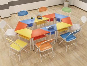 طقم مكتب وكرسي للفصل الدراسي بتصميم شبه منحرف - أثاث تعليمي تعاوني للعمل الجماعي والمشاريع المشتركة - Product Image 4