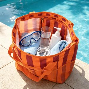 Large Capacity Striped Mesh <b>Tote</b> <b>Bag</b> Double Handle <b>Zipper</b> Casual Beach Travel Shopping Shoulder <b>Bag</b> Women' s <b>Tote</b> <b>Bag</b> - Product Image 4