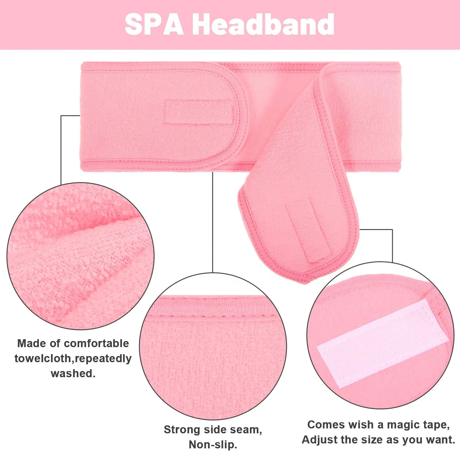 Custom logo terry facial spa headband with adjustable vel cro closure beauty salon shower headbands spa