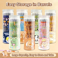 Coffret Cadeau Étudiant Thème Dessin Animé : 50 Crayons HB en Boîte Type Baril et 12 Stylos d'Entraînement en Boîte