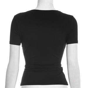 Viviblook Y26TP003 Camiseta Casual para Mujer, Nueva, Elegante, con Encaje, Cuello Pequeño, Cintura Ajustada, Color Sólido, Manga Corta - Product Image 3