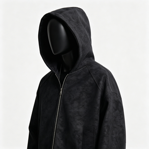 Giacca Invernale da Uomo in Pelle PU Nera con Zip e Cappuccio, <span class=keywords><strong>Oversize</strong></span>, Stile Streetwear, <span class=keywords><strong>Bomber</strong></span> con Polsini e Orlo a Costine, Logo Frontale con Motivo a Lettere - Product Image 4