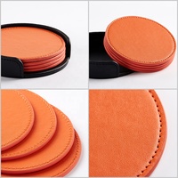 Vente en gros de sous-verres ronds en cuir PU orange Tapis de table pour boire Tasse à café Ensemble de sous-verres avec plateau de support résistant à la chaleur