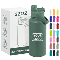 Bouteille d'eau sport isotherme personnalisée de 32 oz en acier inoxydable 304 avec couvercle rabattable 2-en-1 et poignée pour les voyages en extérieur