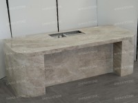 SH STONE Kabinet Dapur Batu Alam Taj Mahal Quartzite Custom, Terbungkus Batu Penuh, Alas Lengkung, Dilengkapi Lubang Wastafel Terintegrasi