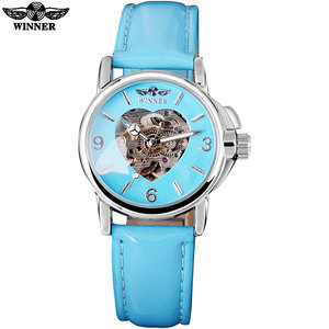 Marca WINNER, relojes de pulsera mecánicos de corazón de esqueleto informales para mujer, pantalla analógica, cinturón de cuero azul cielo, estilo de negocios - Product Image 2