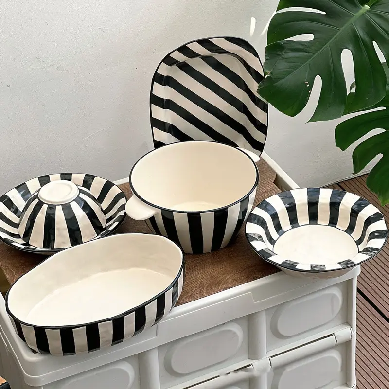 Solhui Black and white striped underglazed household ceramic bowls dishes