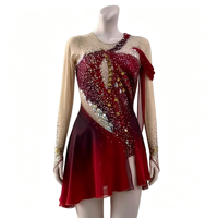 Robe de patinage artistique rouge dégradé avec strass étincelants et maille à manches longues pour enfants et adultes, idéale pour la compétition et les spectacles