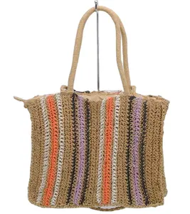 2023 New Colorido Corda de Papel Vertical Stripe Straw Woven Bag Tourism Resort Beach Bag Mão B/L Ombro Dual Use Saco Feminino