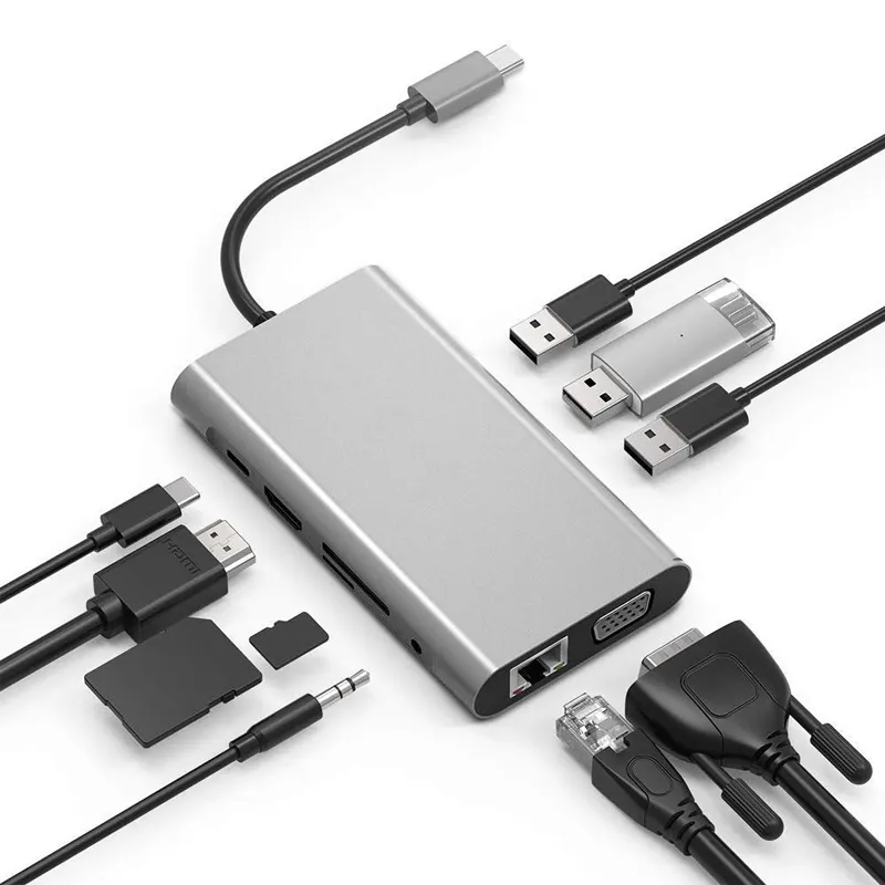 Hub USB C, 10 en 1 Type C Hub Adaptateur avec 1000M RJ45 Ethernet 4K HDTV VGA PD Charge TF/SD Jack Audio Vidéo pour MacBook Pro OTG