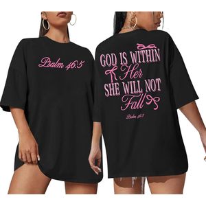 เสื้อยืดโอเวอร์ไซส์ FOXA Christian สำหรับผู้หญิงไซส์พลัส สีดำ ลายข้อพระคัมภีร์สดุดี 46:5 พร้อมดีไซน์โบว์ - Product Image 1