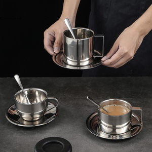 Taza de Café Elegante P-17 con Platillo y Cuchara, Acero Inoxidable 304, Taza para Espresso, Leche, Cappuccino, para Té de la Tarde, Camping, Cafetería - Product Image 1
