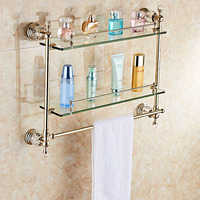 Étagères de douche murales en acier inoxydable et verre, organisateur de salle de bain au design élégant doré, accessoires de bain et de toilette écologiques