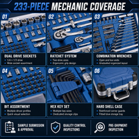 Coffret d'outils professionnel de 233 pièces pour mécanicien, avec cliquet 1/4 et 1/2 pouce, douilles, clés mixtes, embouts et clés hexagonales, en mallette rigide, OEM