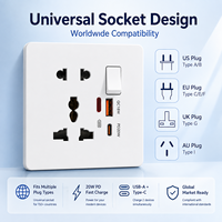 Prise intelligente universelle 3/5 broches avec port de charge rapide Type-C 20W, multiprise murale universelle double USB en plastique pour le Royaume-Uni