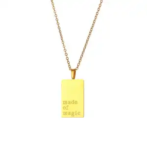 18K Gold Plated Personalised Statement message Engraved Necklace Blank Dainty Rectangle Pendant with Custom Engraving