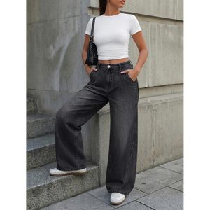 Jeans à jambes larges pour femmes, taille haute, pantalon en denim ample, coton doux, style décontracté, design plissé, coupe confortable - Product Image 6