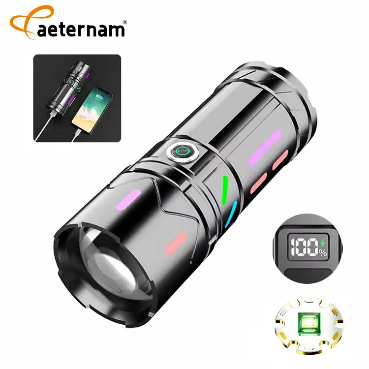 Blanco Lazer zoom telescópico fluorescente banco de energía impermeable recargable USB Led linterna táctica luz al aire libre linterna