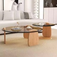 Zayshine Table Basse Minimaliste Italienne avec Plateau en Verre et Piètement en Bois Massif, Ronde, Noire, pour Salon, Ensemble de Meubles Design Simple