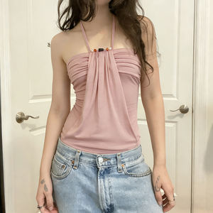 Cami Women Pink Beaded Halter Neck Strapless <b>Sequin</b> Contrast Style Basic Casual Girly Vest <b>Top</b> - Product Image 4
