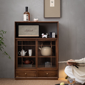 Guanlan Tea House Chinese Style Walnut Wood Storage Cabinet With Glass Doors For Tea Sets And <b>Teacups</b> Living Room Cabinet - Product Image 2