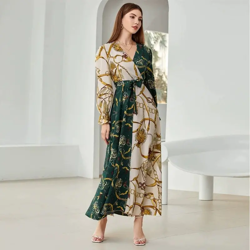 2023 transfrontalière automne et hiver jupe longue col en v à manches longues couleur bloquée imprimé a-ligne jupe vêtements pour femmes Abaya