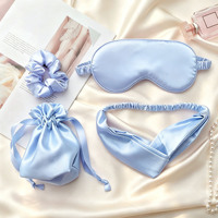 Ensemble promotionnel 4-en-1 en satin : Masque de sommeil effet soie, Bandeau, Chouchou et Sac de rangement, avec logo personnalisé, pour le sommeil et comme cadeau