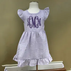 Wholesale Baby Girls Monogrammed Seersucker Dress Toddler Girls Ruffle Sleeve Dresses