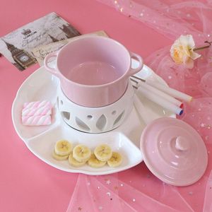 Buah Makanan Penutup Merah Muda Menyajikan <span class=keywords><strong>Fondue</strong></span> Keramik Pot <span class=keywords><strong>Set</strong></span> dengan Garpu dan Nampan