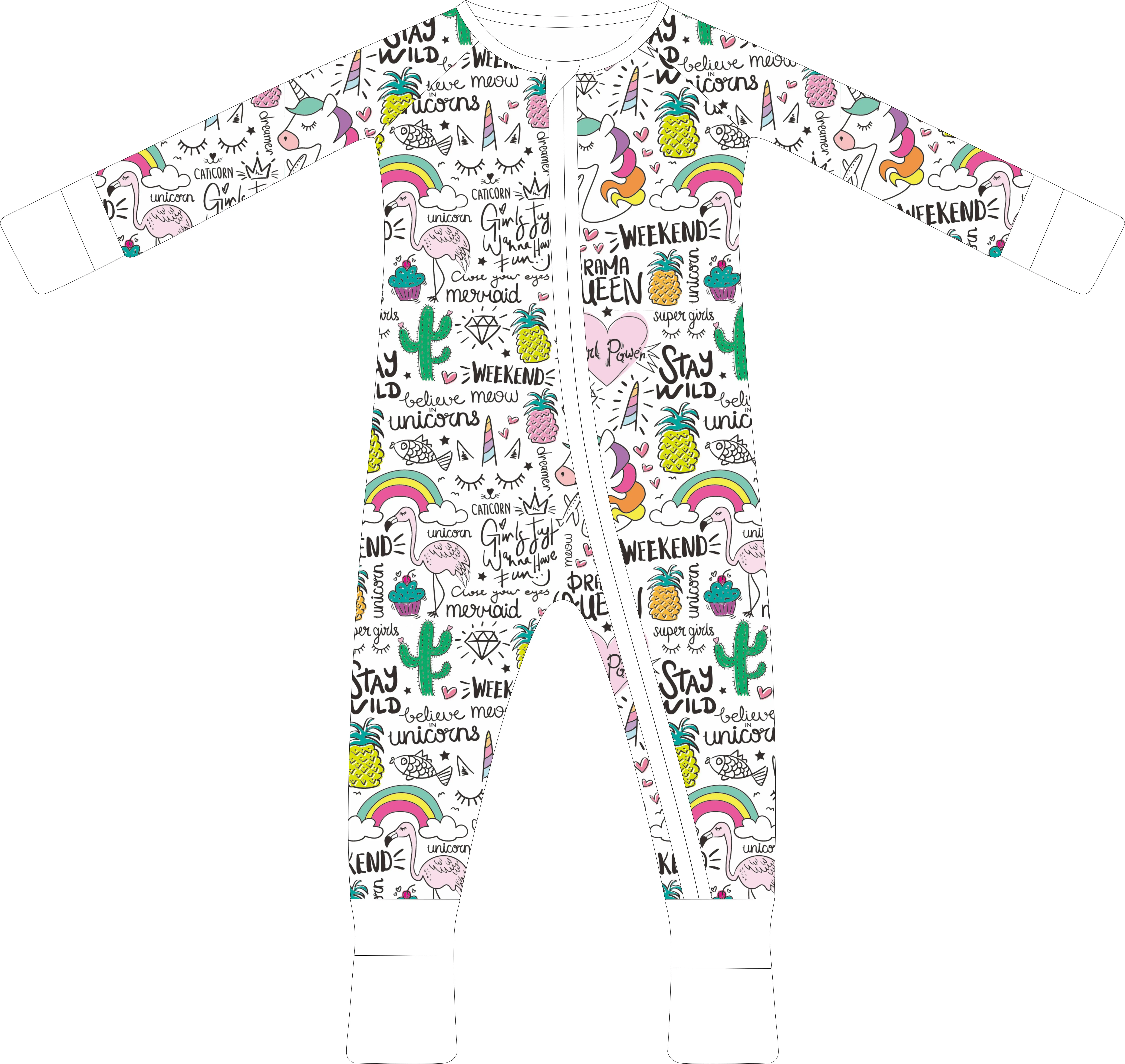 Pijama dobrável com estampa de unicórnio, meias dobráveis 95% bambu spandex zíper pijama para bebês