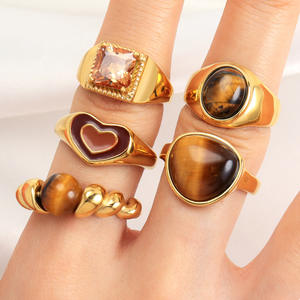 Gioielli Vintage in pietra preziosa resistente all'acqua onice nero alla moda anelli grossi in acciaio inox popolare caffè marrone pietra anello - Product Image 2