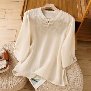 Chinese Style Embroidered Loose Top Women 2025 Summer T-Shirt With Knot Buttons Apricot Green Blue - Product Image 3