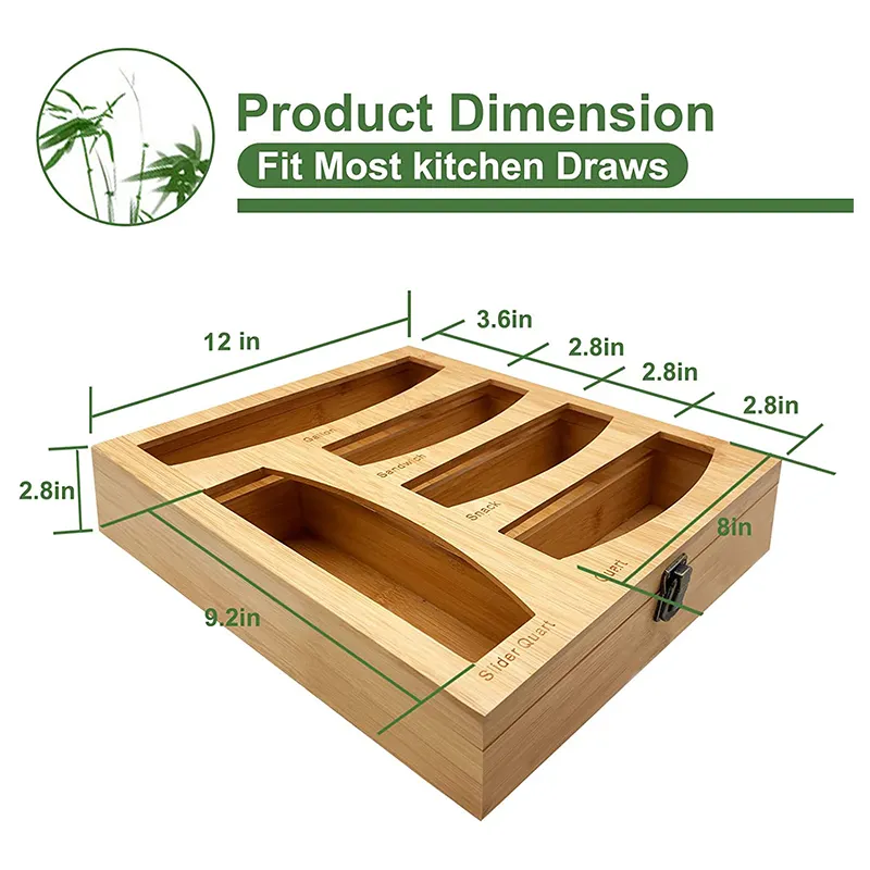 5 in 1 Bamboo Kitchen Food Storage Plastic Ziplock Bag Storage Organize box for Drawer