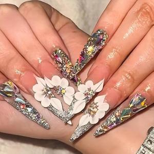 <span class=keywords><strong>Uñas</strong></span> Acrílicas Postizas, Largas, Estilo Stiletto, Base Rosa Cian, Decoración Floral 3D, Cristal, Lámina Dorada, Hechas a Mano - Product Image 5