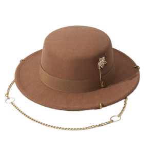 Sombrero Fedora marrón de ala ancha con pin de flor y cadena para mujer, ropa informal de primavera y verano, estilo europeo - Product Image 1