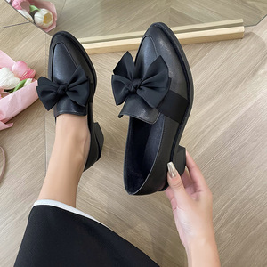 Thick Heel Plus Size Pointed Toe Bows British Style Small Leather Shoes for Women Spring Slip-on Single Mid Heel - Product Image 3