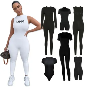 Bodysuit Logo Kustom Musim Panas 2023 Jumpsuit Bodysuit Kurus Lengan Panjang Pendek Tanpa Lengan untuk Wanita Pakaian Aktif Melar