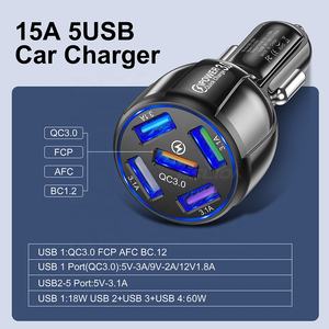 Adaptador de carga rápida QC3.0 <span class=keywords><strong>para</strong></span> coche, cargador de teléfono inteligente con luz, 5 puertos USB, 15A - Product Image 2
