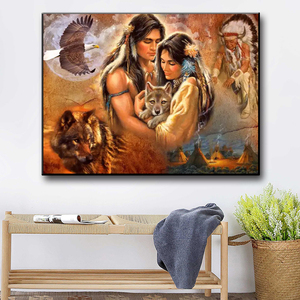 Peinture au diamant DIY, <span class=keywords><strong>couple</strong></span> de tribu indienne et loup, perceuses carrées complètes, diamants 5D, image - Product Image 2
