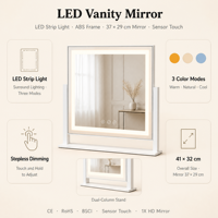 Miroir de maquillage rectangulaire blanc avec éclairage, 37 cm, rotation à 360°, 3 modes de couleur, variateur d'intensité, capteur tactile